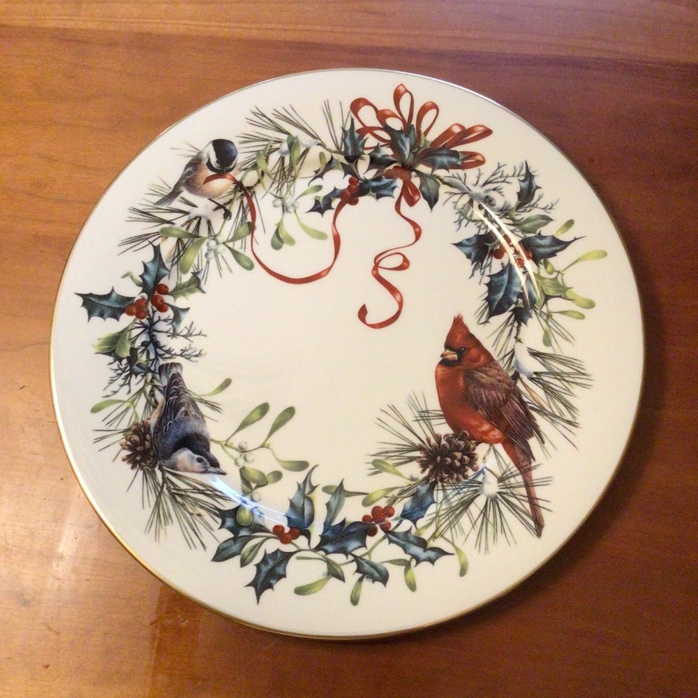 Lenox dinner plate - winter greetings - red ribbons, birds on holly and pine